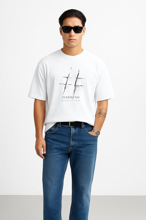 "Hashtag Scratch" Oversized T-Shirt | Minimalist Grunge Style White