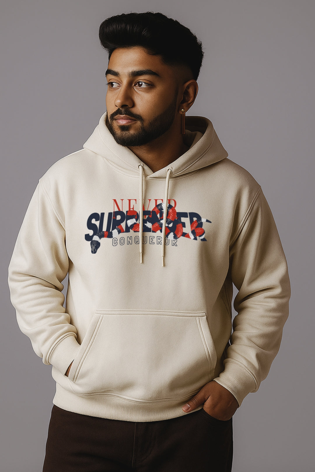 Oversized “Never Surrender” Hoodie – Urban Bold Series White
