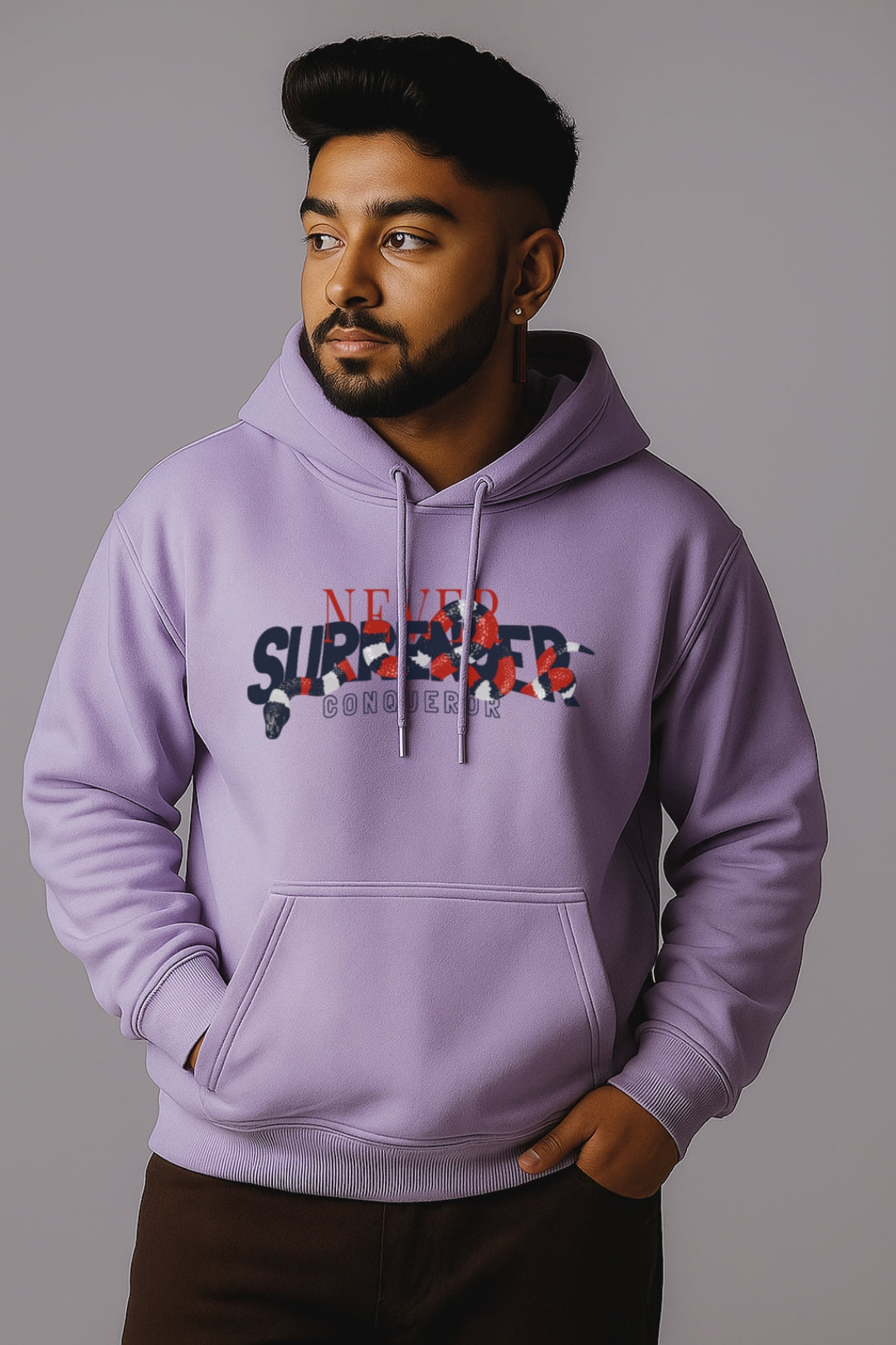 –Oversized “Never Surrender” Hoodie  Urban Bold Series Lavender
